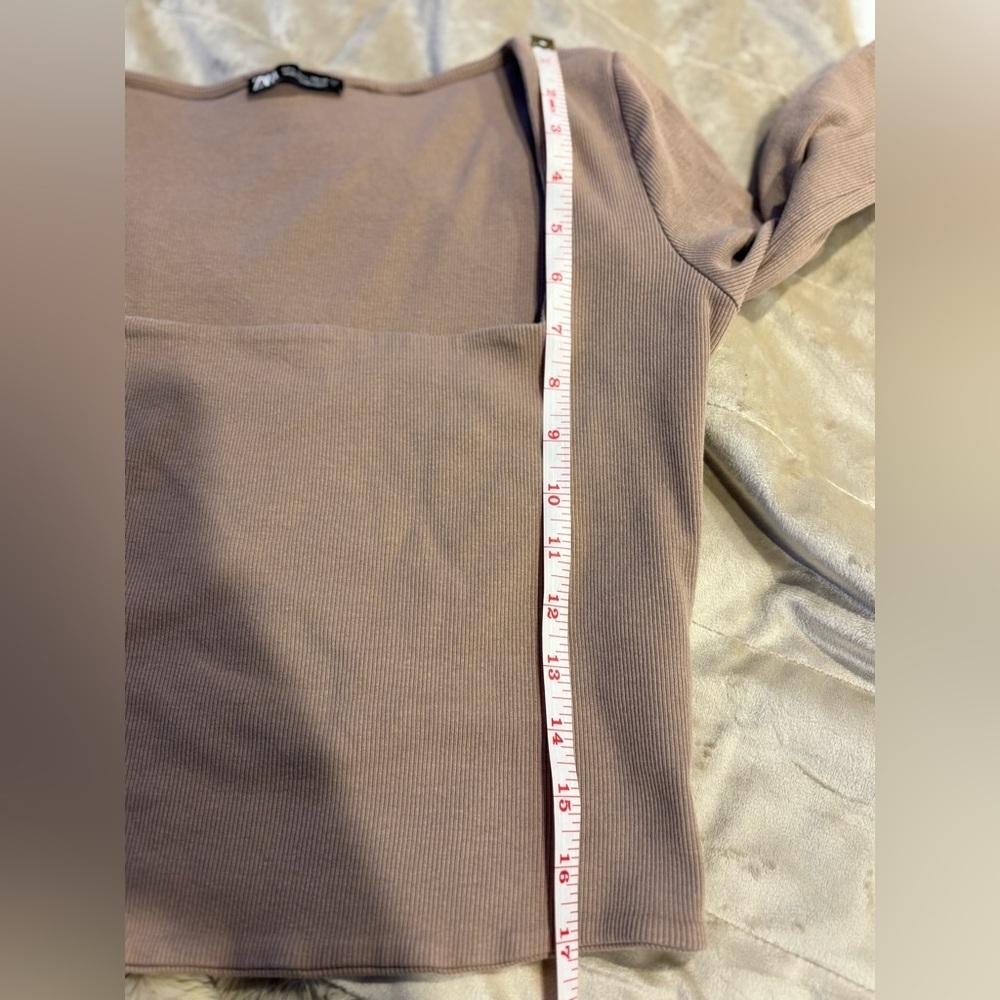 Zara Tan Long Sleeve Women's Square Neck Ribbed Crop Top L - Picture 9 of 12